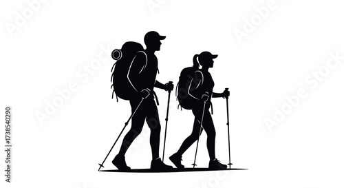 Silhouette of Two Hikers with Backpacks and Trekking Poles on White Background Keywords: hikers, trekking, hiking, backpacking, adventure, travel, outdoor activity, nature, exploration, journey