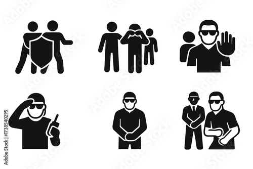 Bodyguard Actions Icons. Solid, filled icon set of bodyguard actions: shielding, escorting, scanning crowd, hand signaling, checking surroundings,