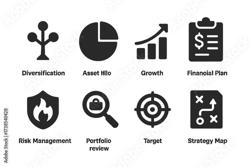 Equity Strategies Icons. Solid, filled icon set of equity strategies: diversification, asset allocation, growth chart, financial plan, risk management,
