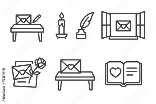 Love Letter Icons. Outline icon set of love letter scenes: writing desk, candle light, quill on inkpot, open window, rose on paper, love letter on table,