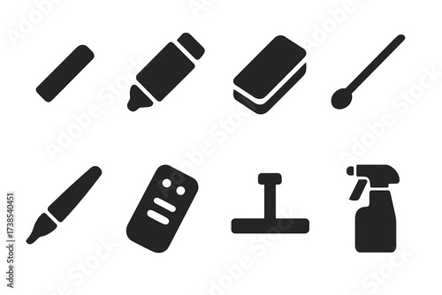 Menu Tools Icons. Solid, filled icon set of menu board tools: chalk, marker, eraser, pointer, stylus, remote control, mounting bracket, cleaning spray. Solid,