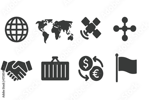 Global Concepts Icons. Solid, filled icon set of global concepts: globe, world map, satellite, network, handshake, shipping container, currency exchange,