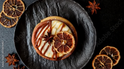 Cinnamon roll, a sweet bun with citrus, cherries, and chocolate, a Danish dessert with cream