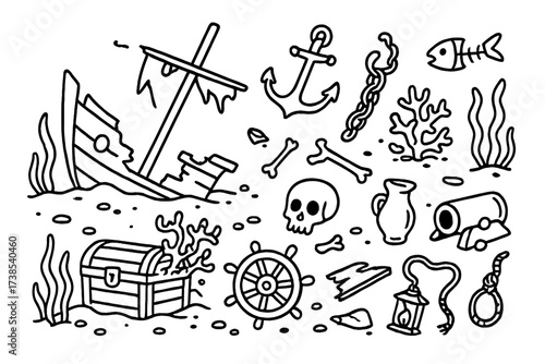 Shipwreck Doodle Icons. Shipwreck remains. Hand-drawn doodle illustration shipwreck remains broken mast, anchor, chain, skull, coral-covered wheel, chest,