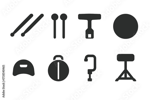 Tom-Tom Accessory Icons. Solid, filled icon set of tom-tom accessories: drumsticks, mallets, drum key, practice pad, muffler, drum case, tuning tool, drum
