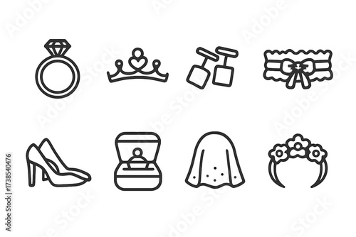 Wedding Accessories Icons. Outline icon set of wedding accessories: engagement ring, tiara, cufflinks, garter, wedding shoes, jewelry box, veil, flower crown.