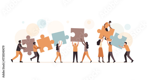Diverse group of people working together to assemble a large jigsaw puzzle representing teamwork and collaboration for success and shared goals