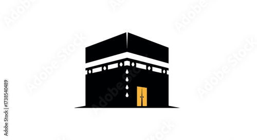 Stylized Illustration of the Kaaba in Mecca with Golden Doors Keywords: Kaaba, Mecca, Islam, Islamic, Muslim, holy, cube, building, architecture, religious, symbol, faith, worship, pilgrimage