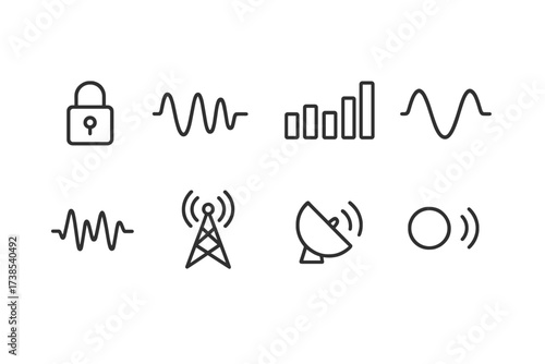 Military Radio Icons. Outline icon set of military radio signals: encrypted signal, frequency modulation, signal strength bars, waveforms, interference,