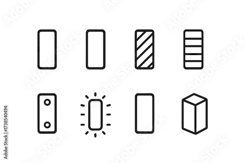 Bar Icon Collection. Outline icon set of bar symbol types: plain bar, outlined bar, striped bar, gradient bar, metallic bar, glowing bar, shadowed bar, 3D bar.