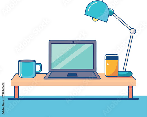 A color vector of a minimalist desk setup. A slim laptop, a single notebook, a cup of tea, and a small desk lamp on a clean wooden surface. 