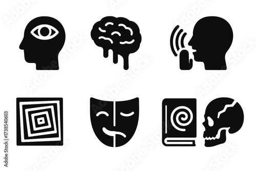 Mind-Altering Icon Set. Solid, filled icon set of mind-altering knowledge: third eye, melting brain, whisper wave, illusion glyph, madness mask, spiraled book,