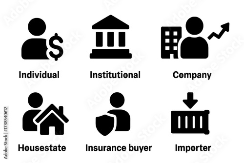 Broker Client Icons. Solid, filled icon set of broker clients: individual investor, institutional investor, company, trader, real estate buyer, insurance
