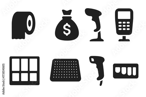 Cash Register Icons. Solid, filled icon set of cash register accessories: receipt paper roll, cash bag, barcode scanner stand, card reader stand, cash tray