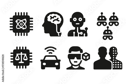 AI Future Trends Icons. Solid, filled icon set of AI future trends: quantum computing, brain-machine interface, general AI, swarm robotics, AI