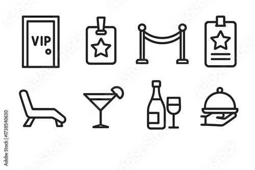VIP Icon Set. Outline icon set of VIP room privacy: private door, security badge, velvet rope, exclusive pass, lounge chair, cocktail glass, champagne bottle,