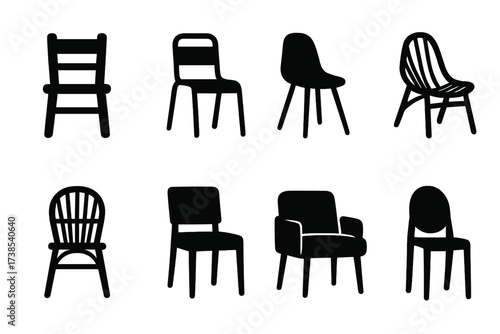 Chair Icons Grid. Solid, filled icon set of material-based chairs: wood chair, metal frame chair, plastic seat, rattan lounge chair, bamboo chair, upholstered