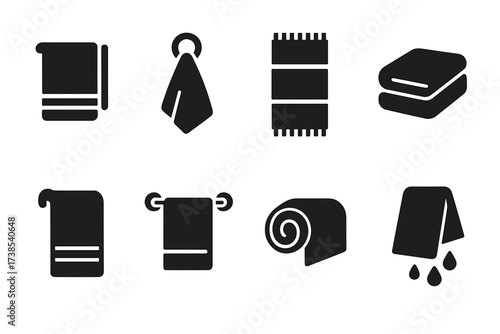 Towel Icon Set. Solid, filled icon set of towels and related items: bath towel, hand towel, beach towel, folded towel, hanging towel, towel rack, towel roll,