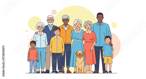 A Diverse Multigenerational Family Posed Together Including Children Parents Grandparents And A Dog Standing United With Soft Colored Circles In The Background