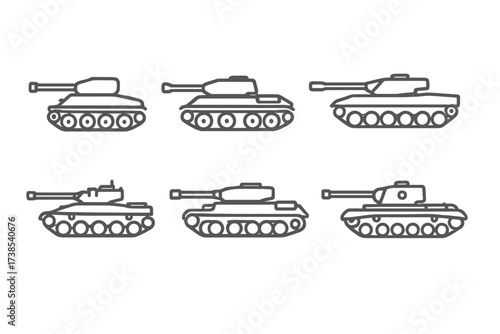 Historical Tank Icons. Outline icon set of tank historical models: Sherman, T-, Panther, Abrams, Challenger, Leopard, Churchill, M26 Pershing. Line icons in