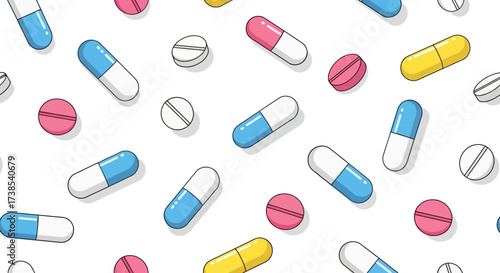 A Close-Up Pattern of Various Colorful Pills and Capsules Arranged Randomly Across a White Background