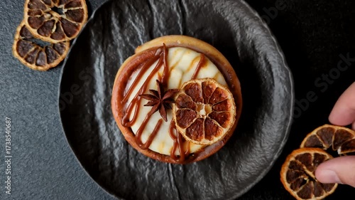 Cinnamon roll, a sweet bun with citrus, cherries, and chocolate, a Danish dessert with cream