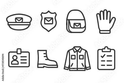 Postal Uniform Icons. Outline icon set of postal uniform: cap, badge, mailbag, gloves, ID card, boots, jacket, clipboard. [Line icons in only black color,