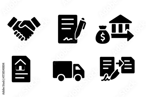 Asset Transfer Icons. Solid, filled icon set of asset transfer: handshake, contract, money bag, bank transfer, property deed, delivery truck, signature,