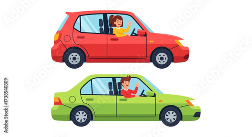 Illustration of a woman driving a red car and a man driving a green car on a white background