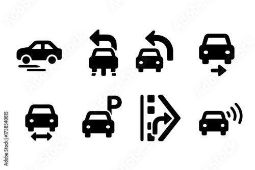 Driving Action Icons. Solid, filled icon set of driving actions: accelerating, braking, turning left, turning right, reversing, parking, lane changing,