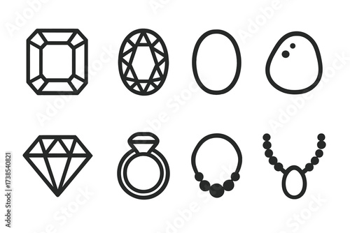 Gemstone Icon Set. Solid, filled icon set of polished and cut stones: gemstone cut, faceted gem, cabochon stone, tumbled stone, polished pebble, cut diamond,
