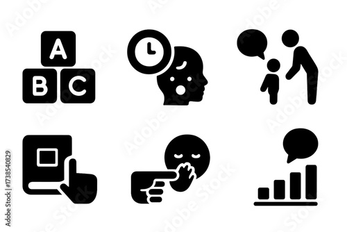 Language Development Icons. Solid, filled icon set of speech and language development: ABC blocks, speech delay symbol, baby talk icon, parent-child