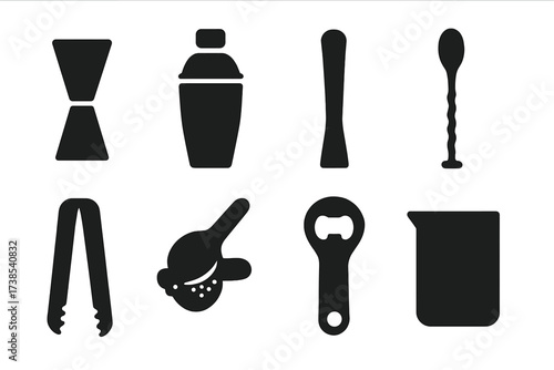 Bar Tools Icons. Solid, filled icon set of strainer bar tools: jigger, cocktail shaker, muddler, bar spoon, ice tongs, citrus squeezer, bottle opener, mixing