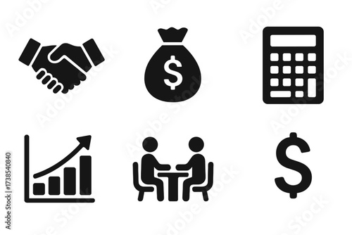 Financial Compromise Icons. Solid, filled icon set of financial compromise: handshake, money bag, contract, calculator, bar chart, negotiation table, piggy