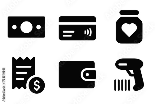 Bar Payment Icons. Solid, filled icon set of bar payment methods: cash, credit card, mobile payment, tip jar, receipt, wallet, coin, barcode scanner. Solid,