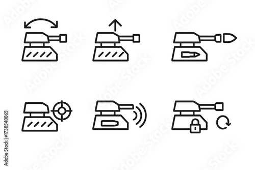 Turret Action Icons. Outline icon set of turret actions: rotation, elevation, firing, loading, targeting, scanning, locking, reloading. Line icons in only