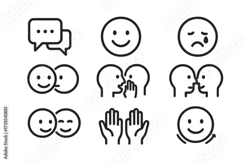 Hug Communication Icons. Outline icon set of hug communication: speech bubbles, smiles, tears, laughter, whisper, eye contact, hand gestures, nodding. Line