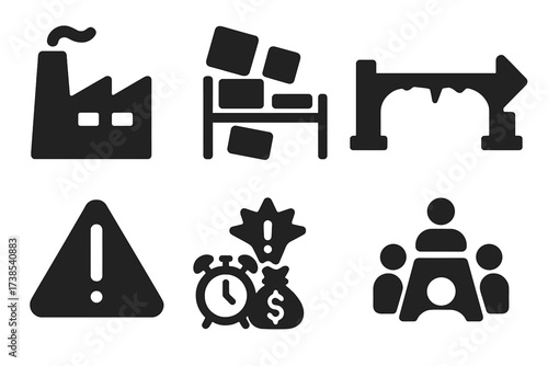 Excessive Scaling Icons. Solid, filled icon set of excessive scaling: oversized factory, overflowing shelf, broken bridge, stretched timeline, warning sign,