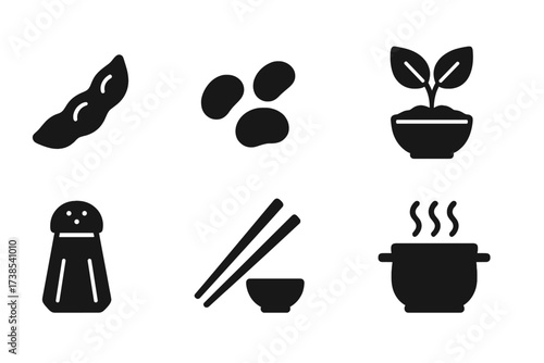 Edamame Icon Collection. Solid, filled icon set of edamame: edamame pod, shelled beans, bowl of edamame, soy plant, salt shaker, chopsticks, dipping sauce,