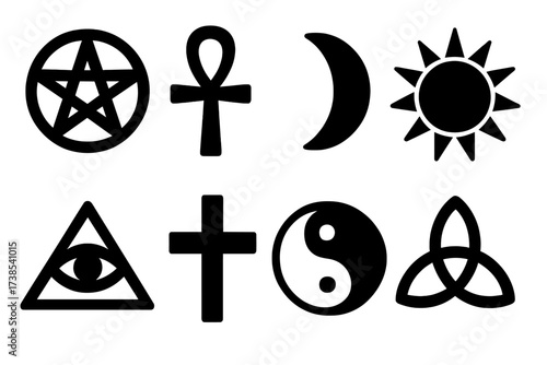Ritual Symbol Icons. Solid, filled icon set of ritual symbols: pentagram, ankh, crescent moon, sun, eye of providence, cross, yin yang, triquetra. Solid,