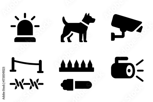 Escape Danger Icons. Solid, filled icon set of escape dangers: alarm, guard dog, surveillance camera, tripwire, spike trap, barbed wire, motion sensor,