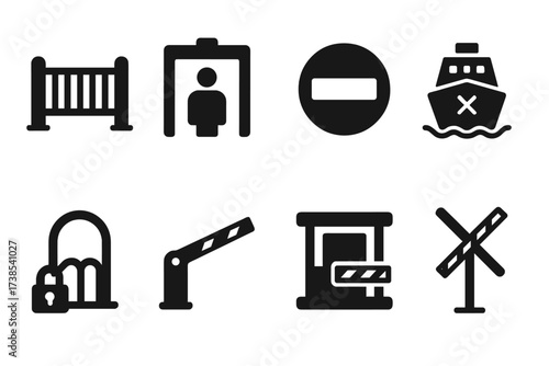 Closed Transport Icons. Solid, filled icon set of closed transportation and travel: closed gate, airport security barrier, no entry road sign, closed ferry,