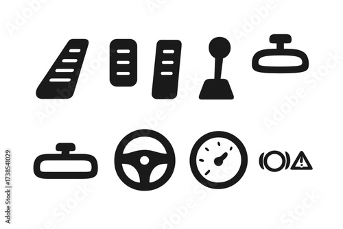 Luxury Car Icons. Solid, filled icon set of luxury car driving: accelerator pedal, brake pedal, clutch pedal, gear stick, rearview mirror, steering wheel,