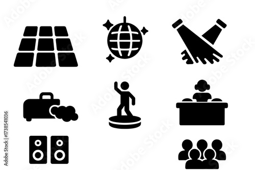 Dance Floor Icons. Solid, filled icon set of dance floor elements: illuminated tiles, disco ball, fog machine, spotlights, dance podium, DJ booth, speakers,