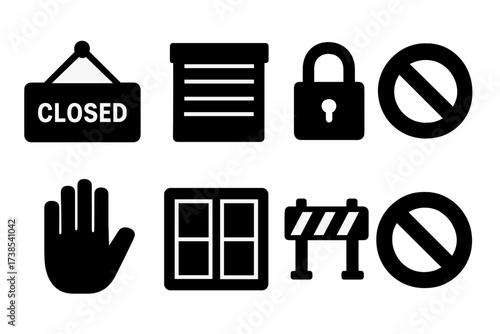 Closed Shop Icons. Solid, filled icon set of shop not open: closed sign hanging, shutter door, lock symbol, prohibition mark, stop hand, closed window,
