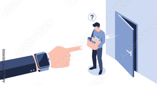Job Termination Concept The Employee Is Fired And Carries A Box Of Personal Belongings Out Of The Office With A Question Mark Above His Head And A Boss Hand Pointing To The Door Indicating Dismissal