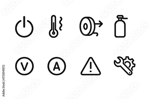 Welding Machine Indicator Icons. Outline icon set of welding machine indicators: power on, thermal overload, wire feed speed, gas flow, voltage, amperage,