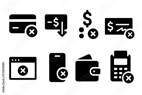 Unpaid Payment Icons. Solid, filled icon set of unpaid payment methods: credit card decline, bank transfer failed, cash shortage, check bounce, online payment