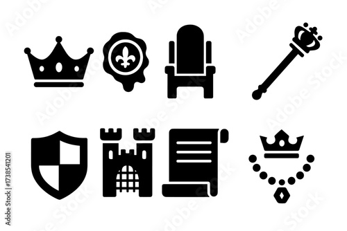 Royal Icon Set. Solid, filled icon set of royal dynasty objects: crown, royal seal, throne, sceptre, heraldic shield, castle, ancient manuscript, crown jewels.