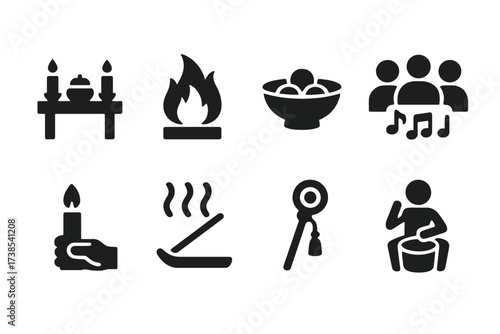 Ceremony Icon Set. Solid, filled icon set of blessing ceremonies: altar table, fire ritual, offering bowl, chanting group, candle lighting, incense smoke,
